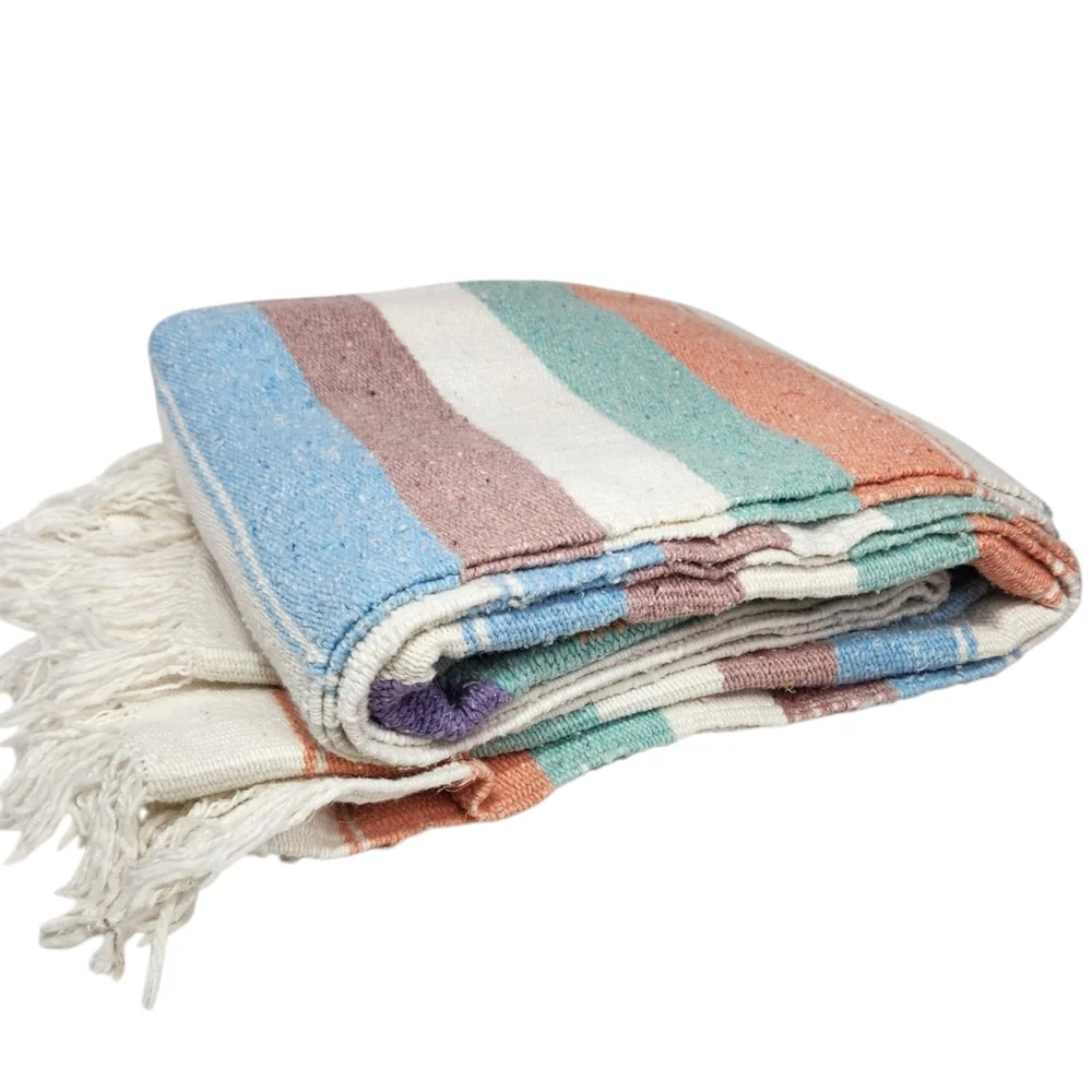 Vintage Pastel Striped Aztec Warrior Blanket Rug Wool Mexican Throw Saddle Boho